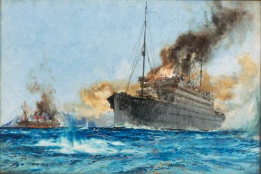 Carmania" afundando o "Cap Trafalgar" ao largo de Trindade no Atlântico Sul