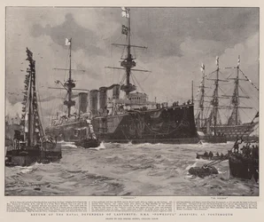 Retorno dos Defensores Navais de Ladysmith, HMS Poderoso chegando a Portsmouth