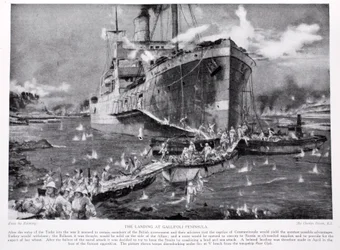 O desembarque na península de Gallipoli, ilustração da "História da nação britânica" de Hutchinson, c.1920