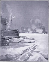 Esquadrão de Vladivostok forçando-se através do gelo do porto de Vladivostok, ilustração fromCassells História da Guerra Russo-Japonesa Vol 1, c.1900