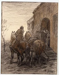 Camponês com dois cavalos e uma mulher que indica o caminho
