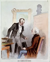 Série "doentes e médicos": homeopatas. Desenho animado de um médico prescrevendo um medicamento homeopático a um paciente. Gravura de Charles Jacques
