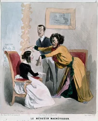 Série "doentes e médicos": o médico magnetista. Desenho animado de um hipnotizador no meio de uma hipnose sobre um paciente. Gravura de Charles Jacques
