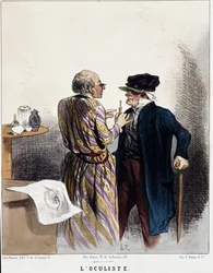 Série "doentes e médicos": o oculista. Desenho animado de um médico durante uma consulta médica de um paciente para os seus olhos. Gravura de Charles Jacques