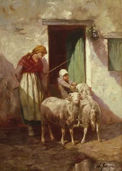 Pastora com uma criança e duas ovelhas