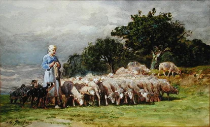 Uma Pastora com um Rebanho de Ovelhas (aguarela sobre papel)