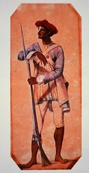 Soldado do Sultão Tipu, Sultão de Mysore, armado com um mosquete de flintlock (cor litho)