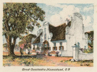 África do Sul: Groot Constantia Homestead, CP (litografia a cores)
