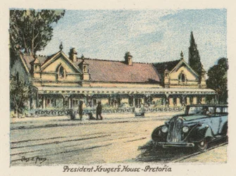 África do Sul: Casa do Presidente Kruger, Pretória (litografia a cores)