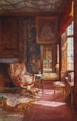 Casa de Knole: Quarto de dormir com lantejoulas, porta de entrada (litografia a cores)
