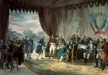 Assinatura do Tratado de Mortefontaine em 30/09/1800, durante o qual a França (representada por Napoleon Bonaparte (1769-1821)) vende a Louisiana aos Estados Unidos. Litografia de C. Motte (século XIX) Paris, B.N.