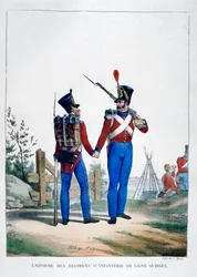 Uniforme de um regimento de infantaria suíça, França, 1823.