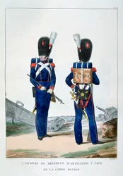 Uniforme de um regimento de artilharia de pé da guarda real, França, 1823.