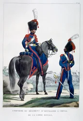Uniforme de um regimento de artilharia de cavalo da guarda real, França, 1823.