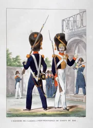 Fardas de soldados de infantaria do corpo real francês, 1823.