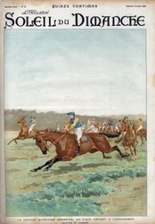 Corrida de cavalos: "La grande forzaine sportive: uma falsa partida no hipódromo de Longchamps". Watercolour by Condamy Engraving in "Le sun-du-dimanche", 18 de junho