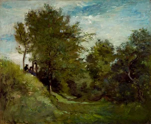 Paisagem com figuras sentadas em um banco, final da década de 1870