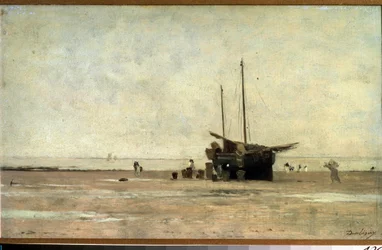 "Seascape" Um veleiro sobre a areia na maré baixa. Pintura de Charles Francois Daubigny (1817-1878) 1868-1872 Museu Pushkin, Moscovo