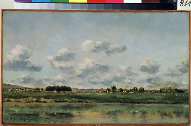 "Banks of the Loing" (les bord de Loing en Seine-et-Marne (Seine et Marne)) Pintura de Charles Francois Daubigny (1817-1878) 1858-1859 Dim. 25x41 cm Museu Hermitage, São Petersburgo (São Petersburgo)