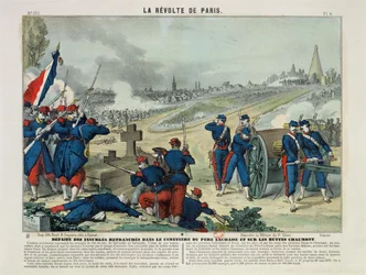 Derrota dos Rebeldes Entrincheirados no Cemitério de Pere Lachaise e na Colina de Chaumont, 1871 (gravura colorida)
