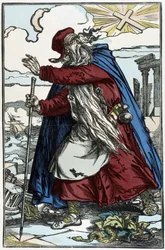 O judeu errante assustado com a Cruz Católica - gravura do desenho de Pinot