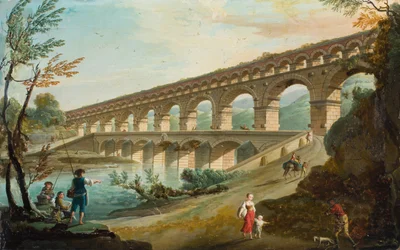 Uma paisagem fluvial com figuras numa estrada junto a um aqueduto duplo (óleo sobre tela)
