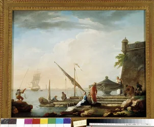 Porto mediterrâneo na fonte. Pintura de Charles Francois Grenier de la Croix dit Lacroix de Marselha (1720-1782) Coleção particular, Marselha.