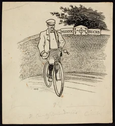 Um homem numa bicicleta em frente de um sinal que marca a fronteira do condado entre Middlesex e Buckinghamshire