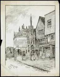 Uma vista do noroeste da Butter Cross, High Street, Winchester, Hampshire (caneta e tinta sobre papel)