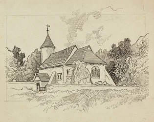 Vista exterior de uma igreja não identificada (caneta e tinta sobre papel)