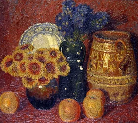 Ainda vivas - Flores, Olaria e Maçãs (óleo sobre tela)