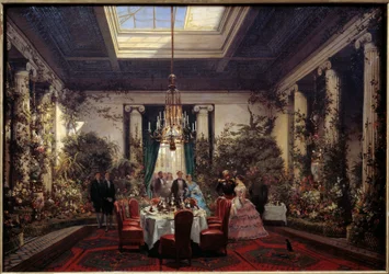 Café da manhã na Princesa Mathilde Letizia Bonaparte (1820-1904), rue de Courcelles em Paris Pintura de Sebastien Charles Giraud (1819-1892) 1854 Sol. 0,56x61 m. Compiegne, museu do castelo