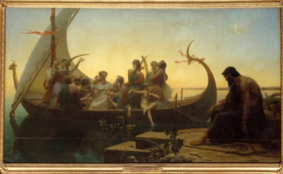 Ilusões perdidas ou noite Uma cena alegórica representando personagens num drakkar de partida, um homem fica na doca com uma lira. Pintura de Charles Gleyre (1806-1874) Sol do século XIX. 1,56x2,38 m