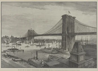 A ponte de suspensão de Nova York e Brooklyn do lado do Brooklyn, final do século XIX