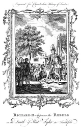 O rei Ricardo II apazigua os rebeldes pela morte de Wat Tyler, Smithfield, no século XIX.