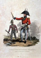 Um oficial de campo de engenheiros reais e um Sapper privado, de &39;trajes do exército do Império Britânico, de acordo com as últimas regulamentações de 1812&39;, publicado pela Colnaghi und Co. 1812-15 (colorido aquati