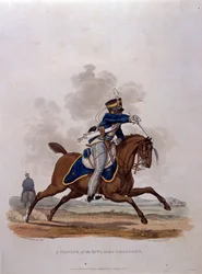 Um soldado dos 13º Dragões da Luz, de "Figurinos do Exército do Império Britânico, de acordo com as últimas regulamentações de 1812", gravados por JC Stadler, publicado por Colnaghi und Co. 1812-15 (colorido