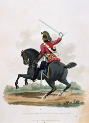 Um soldado do 3º, ou os próprios dragões do rei, de "Figurinos do exército do Império Britânico, de acordo com os últimos regulamentos 1812", gravados por JC Stadler, publicado por Colnaghi und Co. 1812-15 (