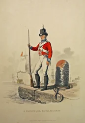 Um soldado do Royal Marines, gravado por Joseph Constantine Stadler, publicado em 1815 (aquatint)