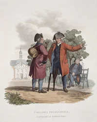 Aposentados do Chelsea, Cavalaria e Infantaria, de &39;Traje do Exército do Império Britânico&39;, gravado por Joseph Constantine Stadler (fl.1780-1812), publicado em 1812-15