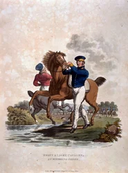 Cavalaria Pesada e Ligeira na Ordem de Rega, de "Figurinos do Exército do Império Britânico, de acordo com os últimos regulamentos 1812", gravada por JC Stadler, publicada por Colnaghi und Co. 1812-15 (col