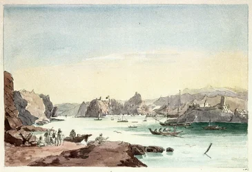 Riacho de Mascate (Omã). Pintura do Tenente-Coronel Charles Hamilton Smith (1776-1859)