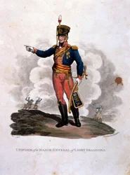 Uniforme de um Major-General de Light Dragoons, de "trajes do exército do Império Britânico, de acordo com os últimos regulamentos 1812", gravados por JC Stadler, publicado por Colnaghi und Co. 1812-15 (