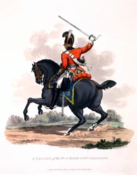 Uniforme de um soldado do 3º ou dos próprios dragões do rei, de &39;Fato do Império Britânico, de acordo com o último regulamento&39;, publicado em 1812 (aquatinta colorido à mão)