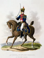 Uniforme de um oficial dos dragões da 9ª Luz em Ordem de Revisão, de &39;Traje do Império Britânico, de acordo com os Últimos Regulamentos&39;, publicado em 1812-15 (aquatinta colorido à mão)