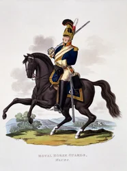 Uniforme dos Royal Horse Guards «The Blues», de «Costume of the British Empire, according to the Last Regulations», publicado em 1812-15