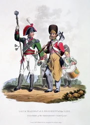 Uniformes de um Major de tambor de um Regimento da Linha - Pioneiro da Companhia de Granadeiros, de &39;Traje do Império Britânico, de acordo com os Últimos Regulamentos&39;, publicado em 1815 (aquatinta colorido à mão)