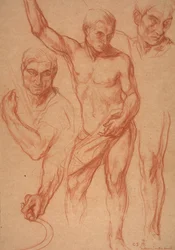 Estudo da figura masculina com re-estudos de cabeça, braços, ombro e perna (esboços para painel central de "Outono"), 8 de abril