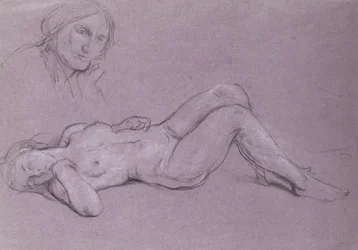 Estudo de uma figura feminina nua reclinada, com um estudo de uma cabeça de mulher descansando em sua mão