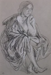 Estudo de uma mulher sentada, mulher sentada drapejada (giz no papel)